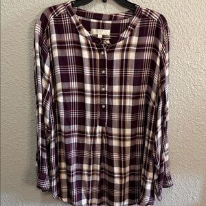LOFT Burgundy Plaid Button-Front Tunic Top size 20